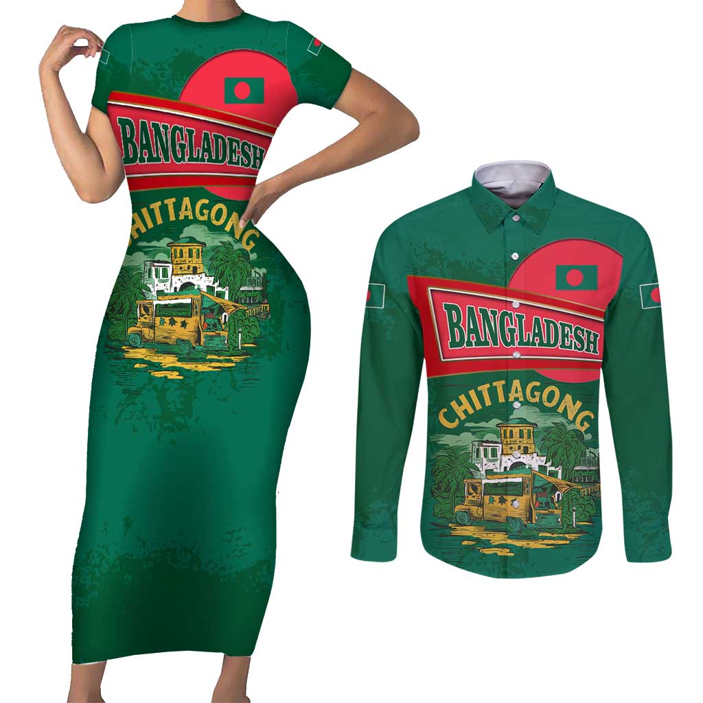 Bangladesh Chittagong Heritage Couples Matching Short Sleeve Bodycon Dress and Long Sleeve Button Shirt with National Emblem and Flag