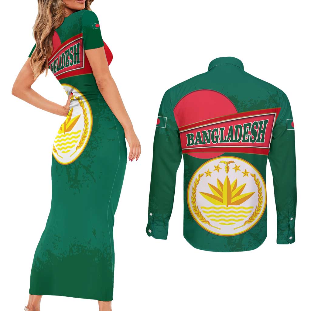 Bangladesh Chittagong Heritage Couples Matching Short Sleeve Bodycon Dress and Long Sleeve Button Shirt with National Emblem and Flag