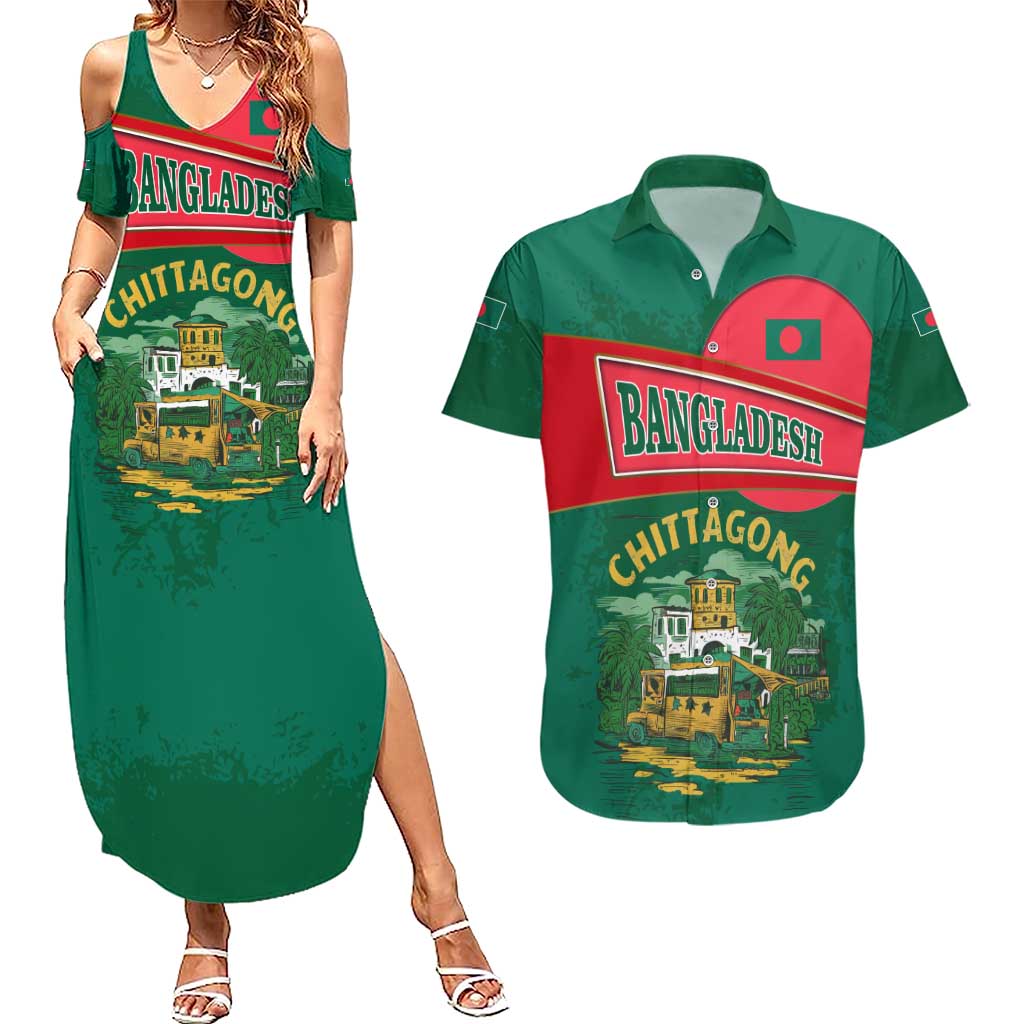 Bangladesh Chittagong Heritage Couples Matching Summer Maxi Dress and Hawaiian Shirt with National Emblem and Flag