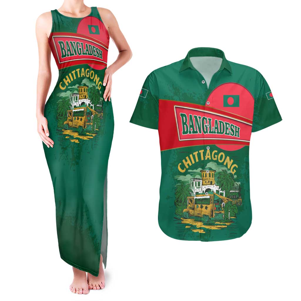 Bangladesh Chittagong Heritage Couples Matching Tank Maxi Dress and Hawaiian Shirt with National Emblem and Flag