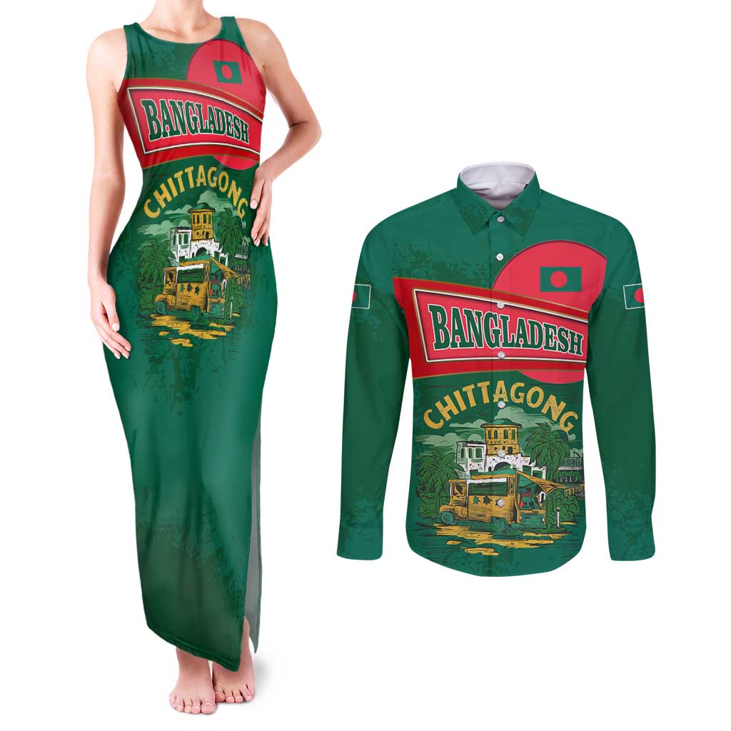 Bangladesh Chittagong Heritage Couples Matching Tank Maxi Dress and Long Sleeve Button Shirt with National Emblem and Flag
