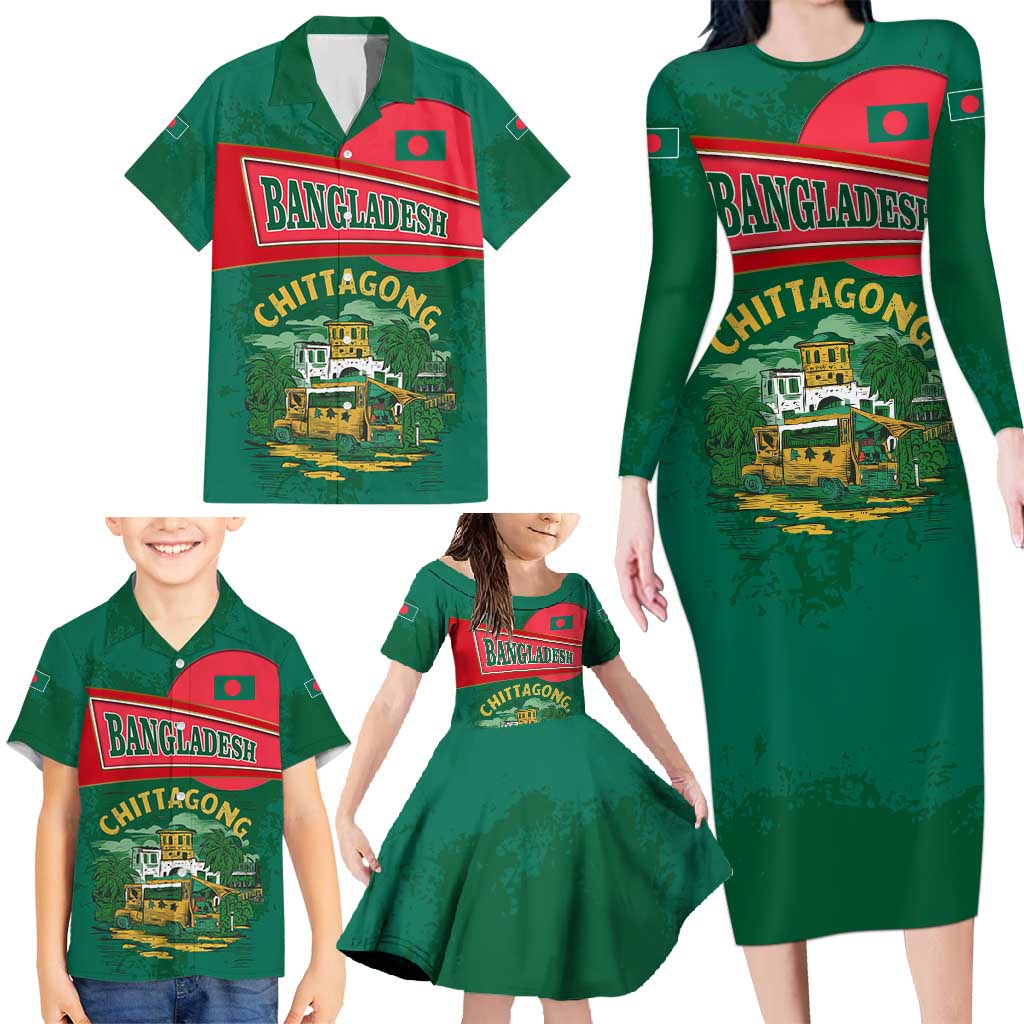 Bangladesh Chittagong Heritage Family Matching Long Sleeve Bodycon Dress and Hawaiian Shirt with National Emblem and Flag