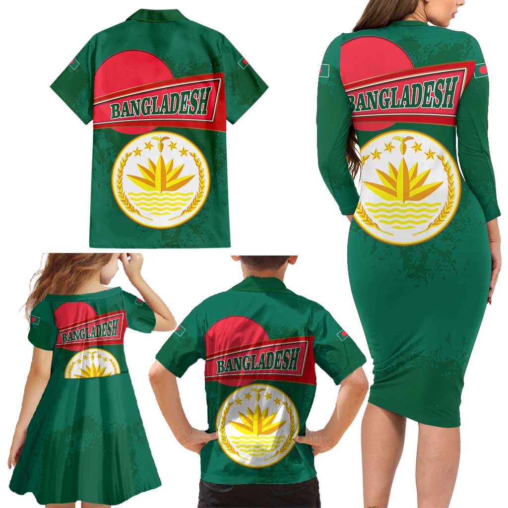 Bangladesh Chittagong Heritage Family Matching Long Sleeve Bodycon Dress and Hawaiian Shirt with National Emblem and Flag