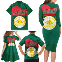 Bangladesh Chittagong Heritage Family Matching Long Sleeve Bodycon Dress and Hawaiian Shirt with National Emblem and Flag