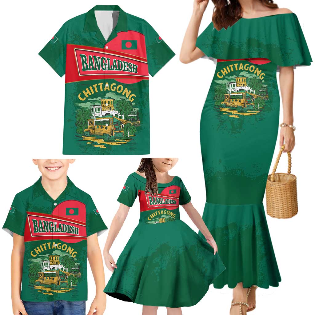 Bangladesh Chittagong Heritage Family Matching Mermaid Dress and Hawaiian Shirt with National Emblem and Flag