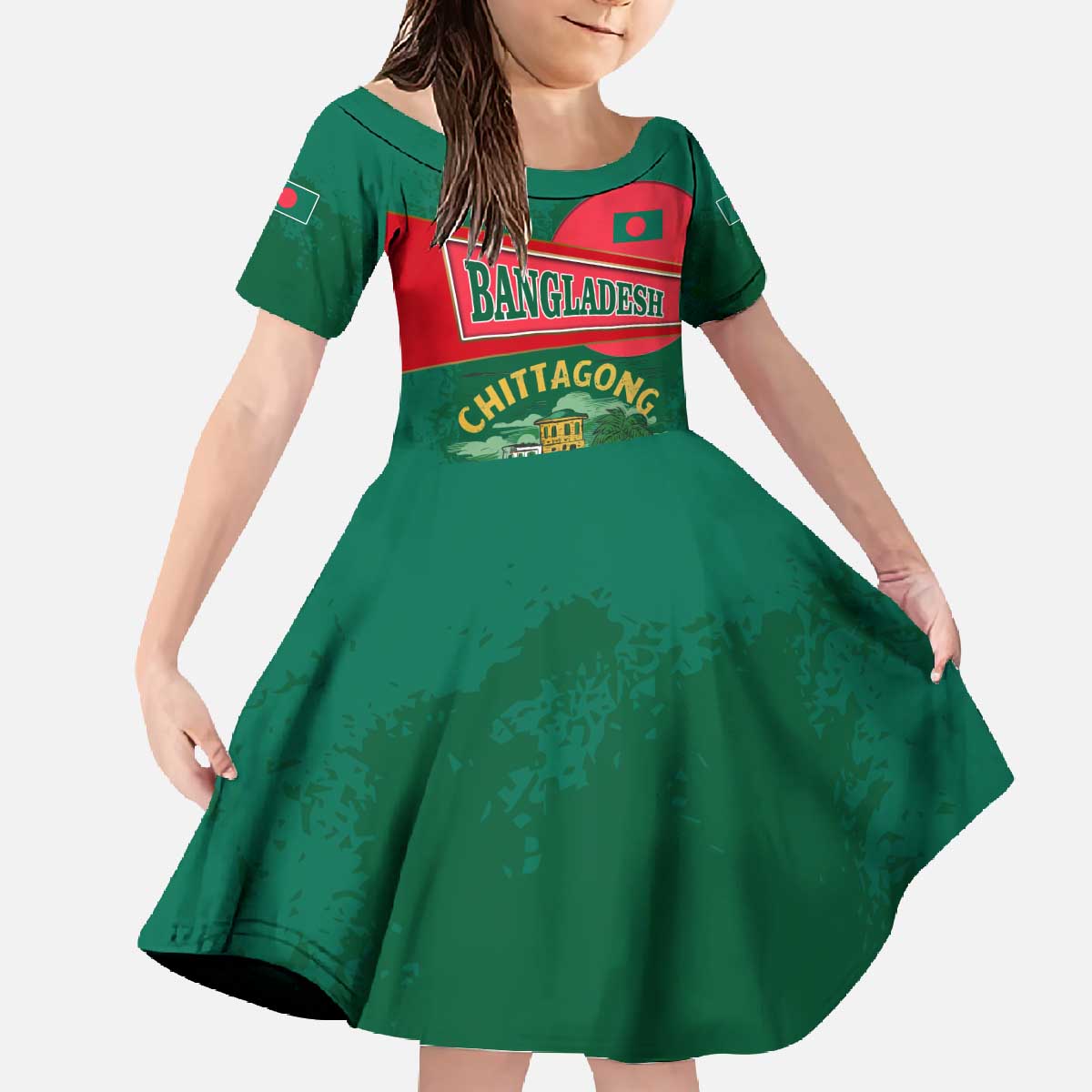 Bangladesh Chittagong Heritage Family Matching Off The Shoulder Long Sleeve Dress and Hawaiian Shirt with National Emblem and Flag