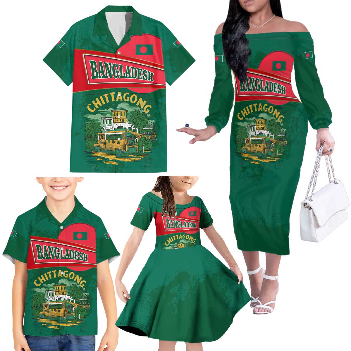 Bangladesh Chittagong Heritage Family Matching Off The Shoulder Long Sleeve Dress and Hawaiian Shirt with National Emblem and Flag