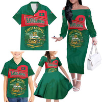 Bangladesh Chittagong Heritage Family Matching Off The Shoulder Long Sleeve Dress and Hawaiian Shirt with National Emblem and Flag