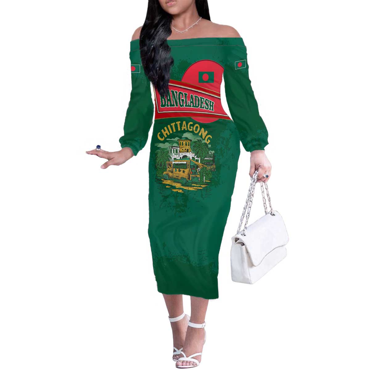 Bangladesh Chittagong Heritage Family Matching Off The Shoulder Long Sleeve Dress and Hawaiian Shirt with National Emblem and Flag