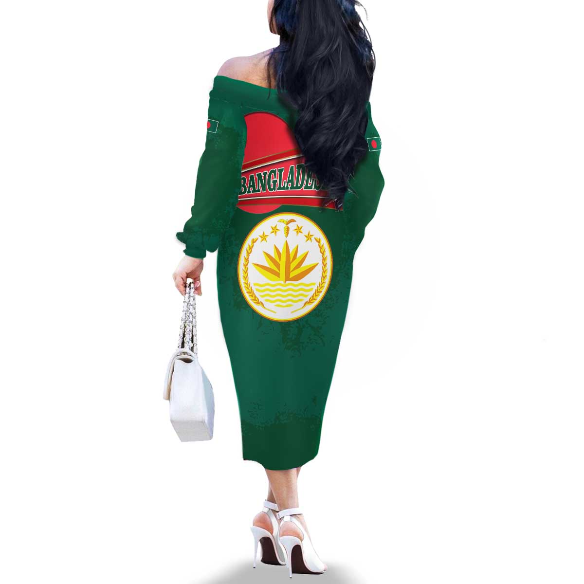 Bangladesh Chittagong Heritage Family Matching Off The Shoulder Long Sleeve Dress and Hawaiian Shirt with National Emblem and Flag