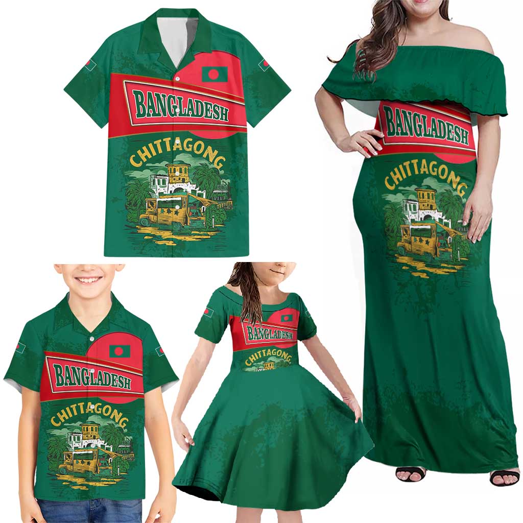 Bangladesh Chittagong Heritage Family Matching Off Shoulder Maxi Dress and Hawaiian Shirt with National Emblem and Flag