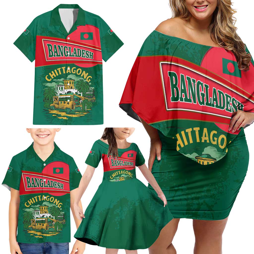 Bangladesh Chittagong Heritage Family Matching Off Shoulder Short Dress and Hawaiian Shirt with National Emblem and Flag