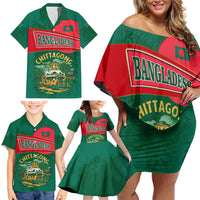 Bangladesh Chittagong Heritage Family Matching Off Shoulder Short Dress and Hawaiian Shirt with National Emblem and Flag