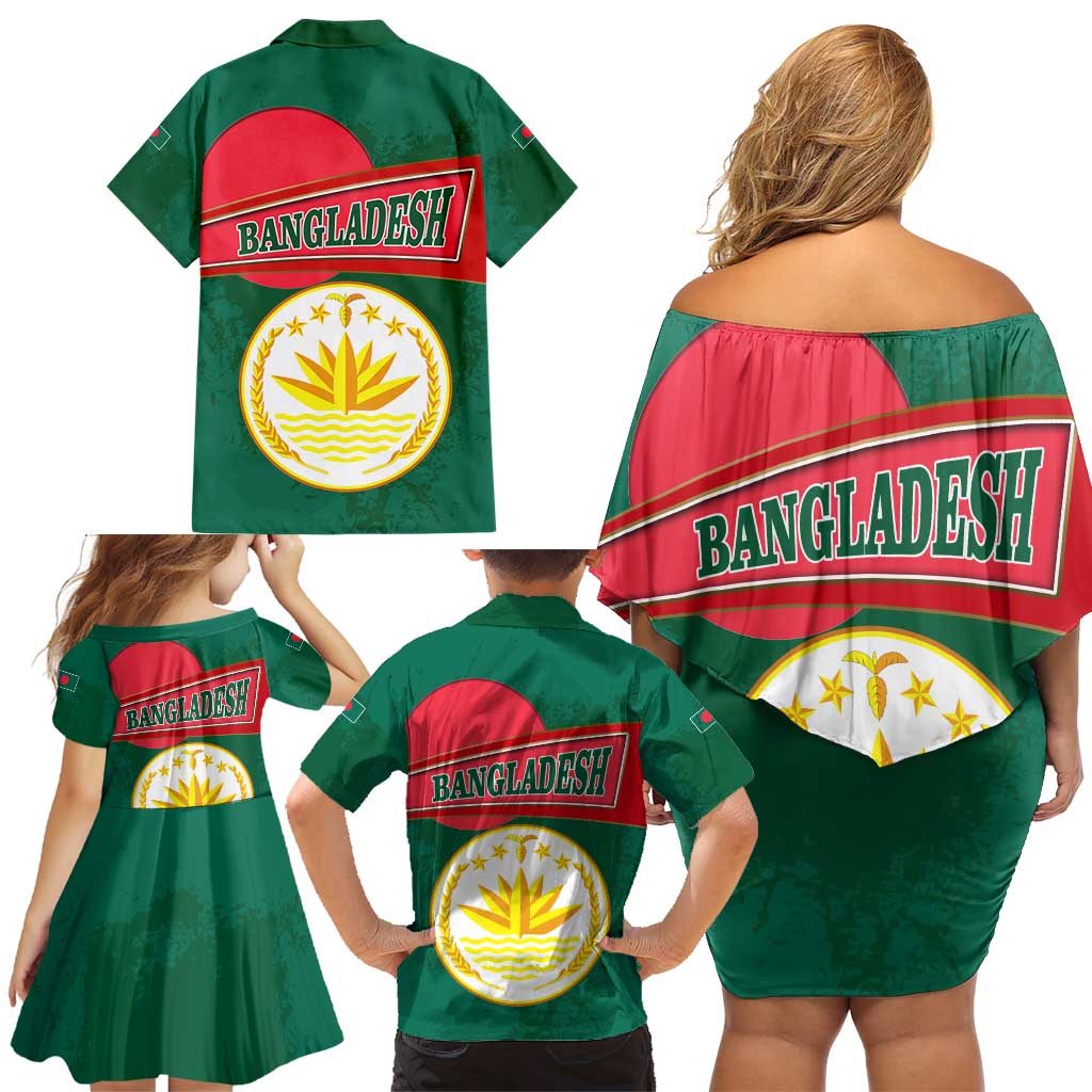 Bangladesh Chittagong Heritage Family Matching Off Shoulder Short Dress and Hawaiian Shirt with National Emblem and Flag