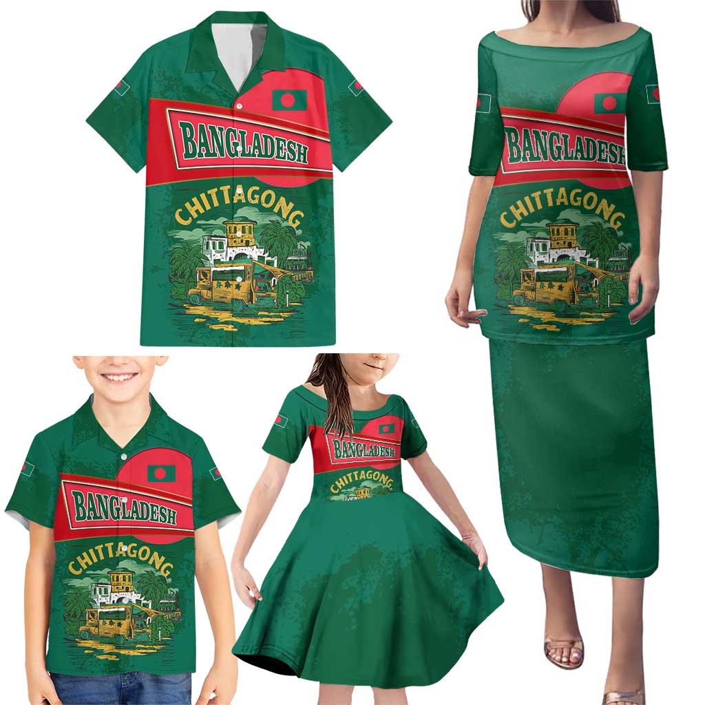 Bangladesh Chittagong Heritage Family Matching Puletasi and Hawaiian Shirt with National Emblem and Flag