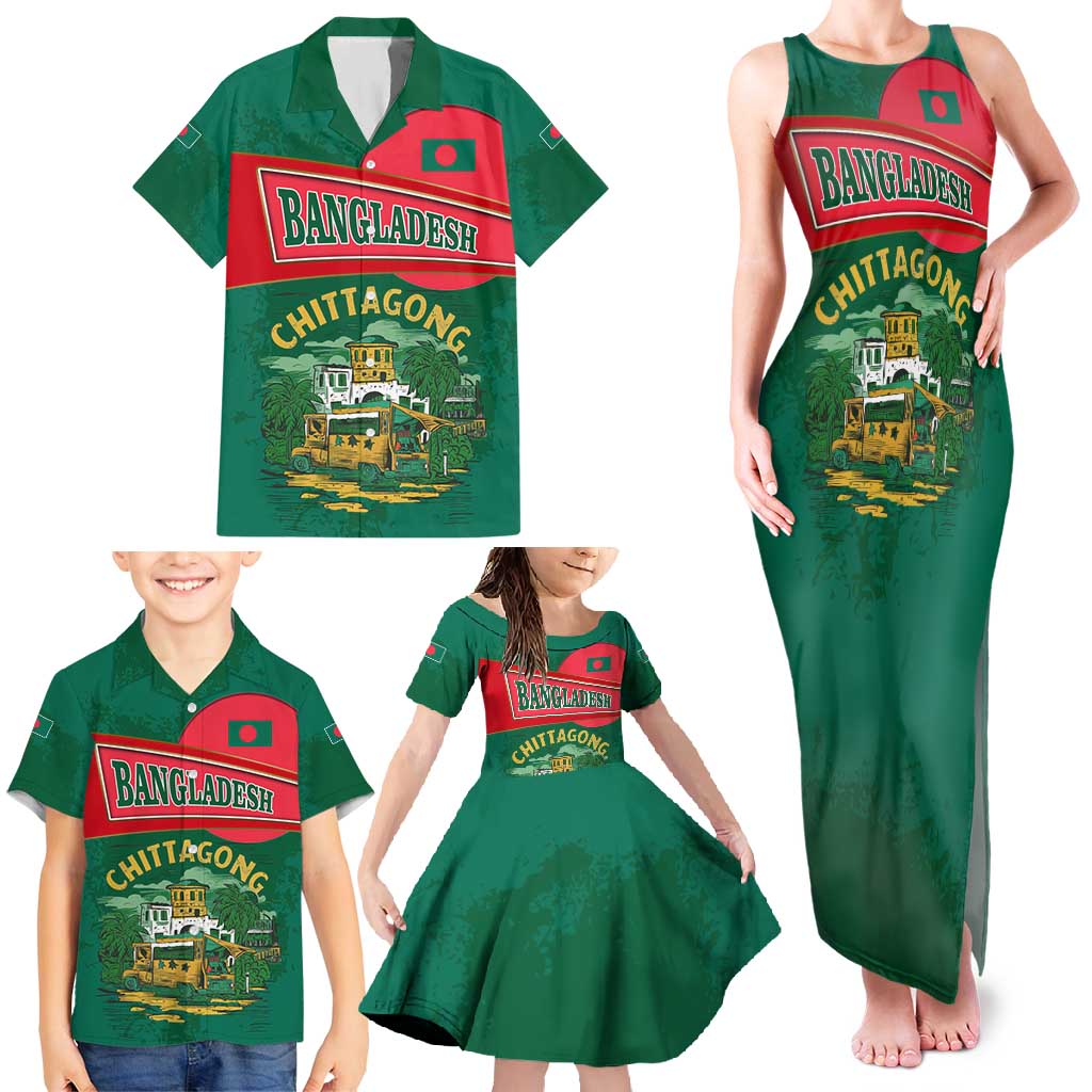 Bangladesh Chittagong Heritage Family Matching Tank Maxi Dress and Hawaiian Shirt with National Emblem and Flag