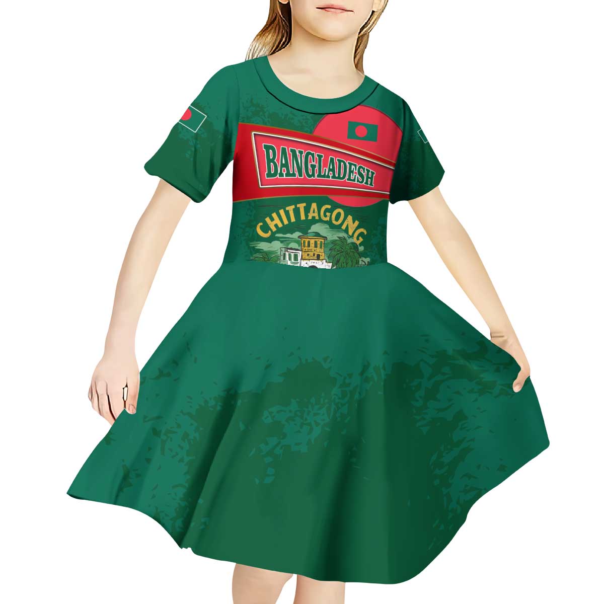 Bangladesh Chittagong Heritage Kid Short Sleeve Dress with National Emblem and Flag