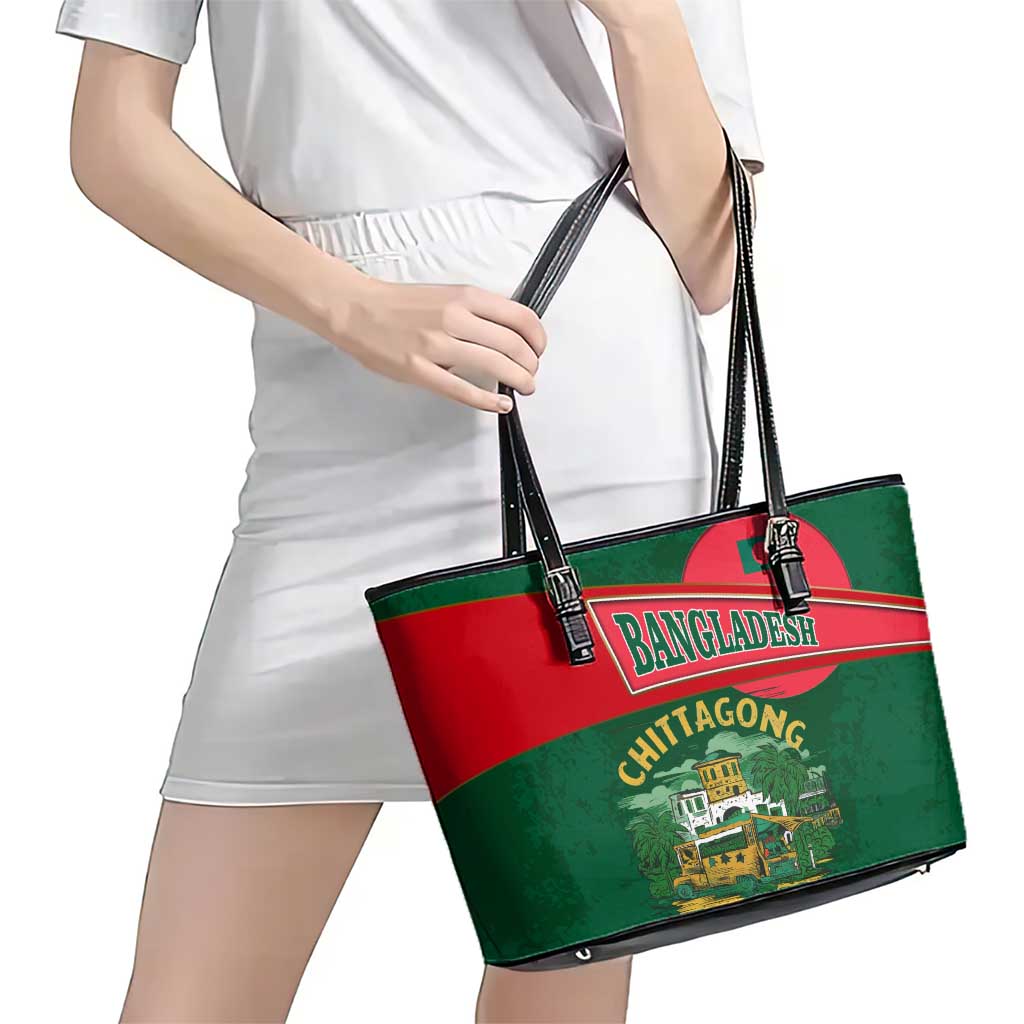 Bangladesh Chittagong Heritage Leather Tote Bag with National Emblem and Flag