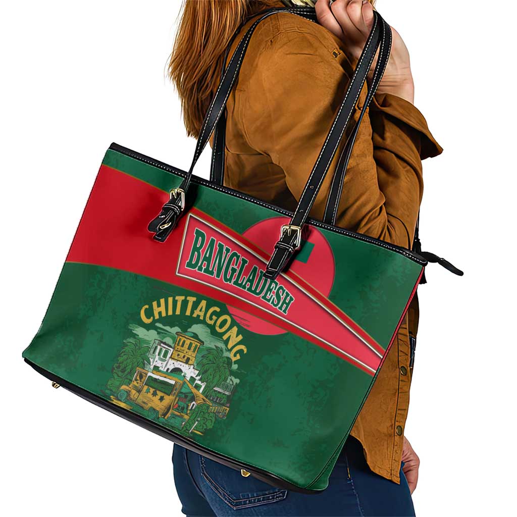 Bangladesh Chittagong Heritage Leather Tote Bag with National Emblem and Flag