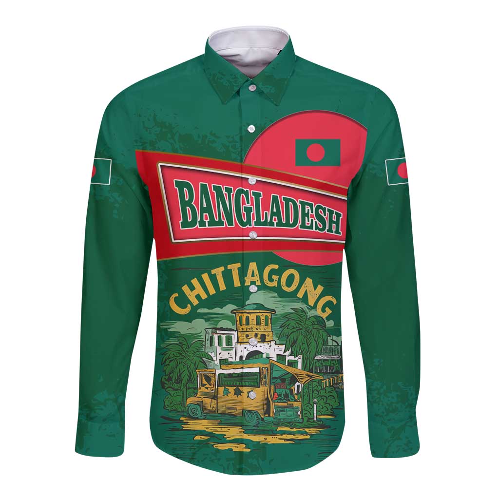 Bangladesh Chittagong Heritage Long Sleeve Button Shirt with National Emblem and Flag
