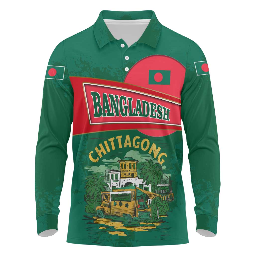 Bangladesh Chittagong Heritage Long Sleeve Polo Shirt with National Emblem and Flag