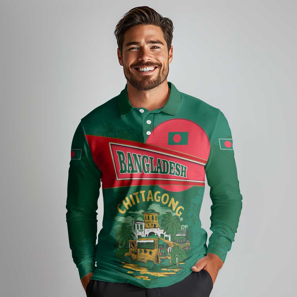 Bangladesh Chittagong Heritage Long Sleeve Polo Shirt with National Emblem and Flag