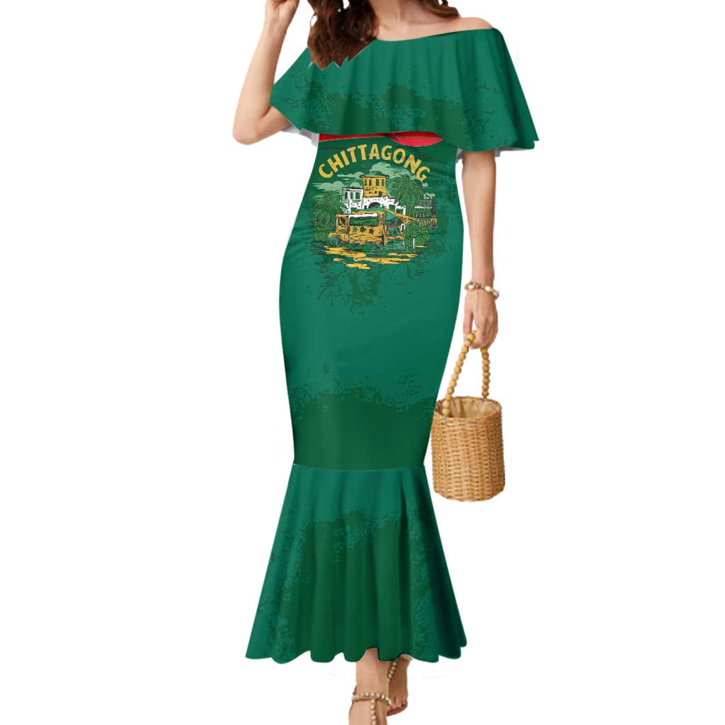 Bangladesh Chittagong Heritage Mermaid Dress with National Emblem and Flag