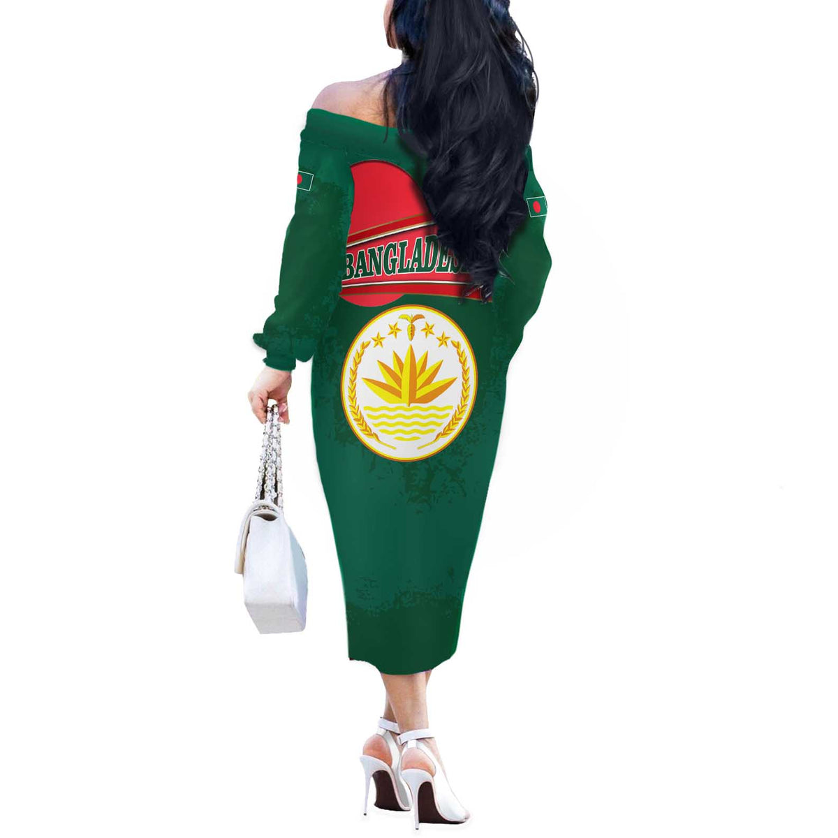 Bangladesh Chittagong Heritage Off The Shoulder Long Sleeve Dress with National Emblem and Flag