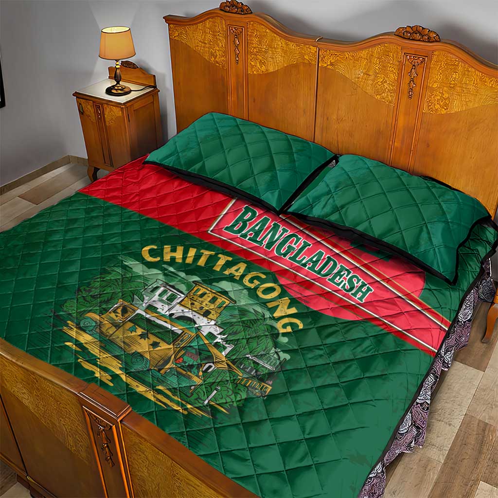 Bangladesh Chittagong Heritage Quilt Bed Set with National Emblem and Flag