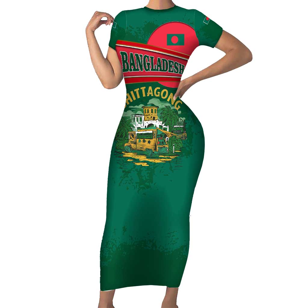 Bangladesh Chittagong Heritage Short Sleeve Bodycon Dress with National Emblem and Flag