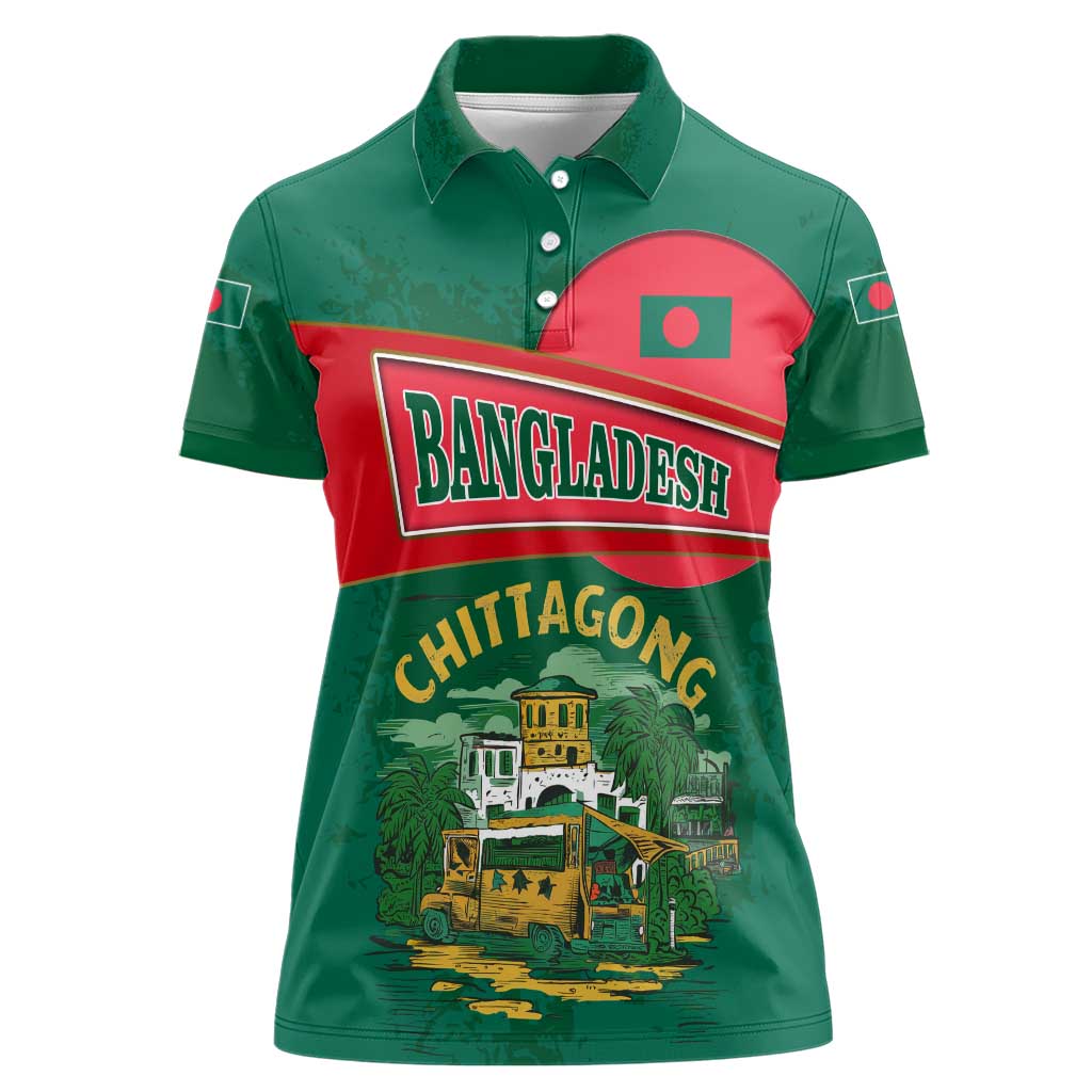 Bangladesh Chittagong Heritage Women Polo Shirt with National Emblem and Flag