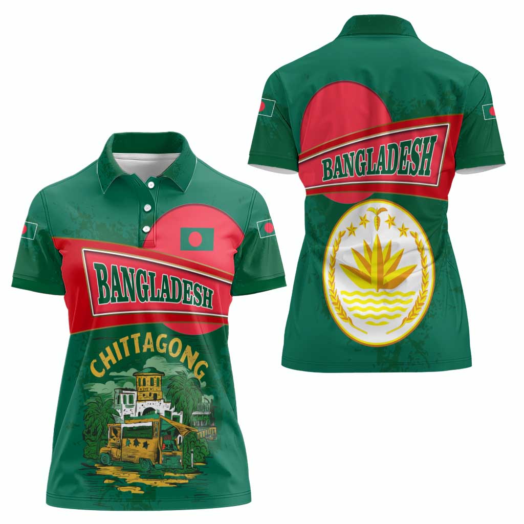 Bangladesh Chittagong Heritage Women Polo Shirt with National Emblem and Flag