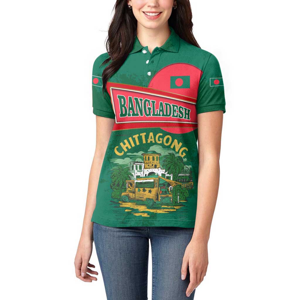 Bangladesh Chittagong Heritage Women Polo Shirt with National Emblem and Flag