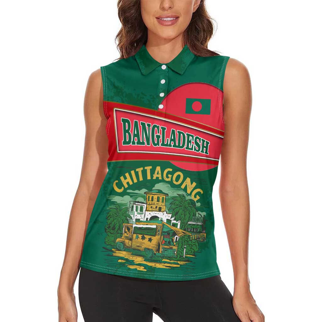 Bangladesh Chittagong Heritage Women Sleeveless Polo Shirt with National Emblem and Flag