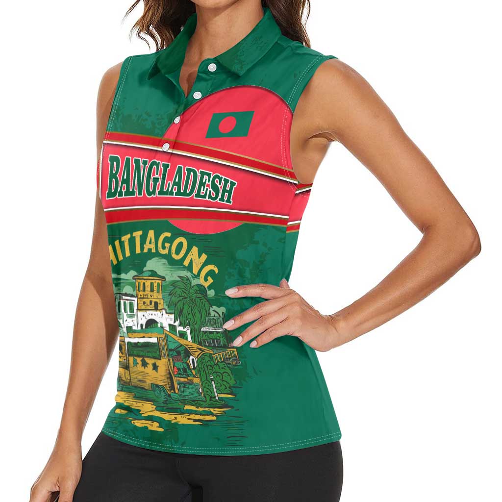 Bangladesh Chittagong Heritage Women Sleeveless Polo Shirt with National Emblem and Flag