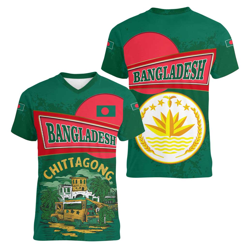 Bangladesh Chittagong Heritage Women V-Neck T-Shirt with National Emblem and Flag