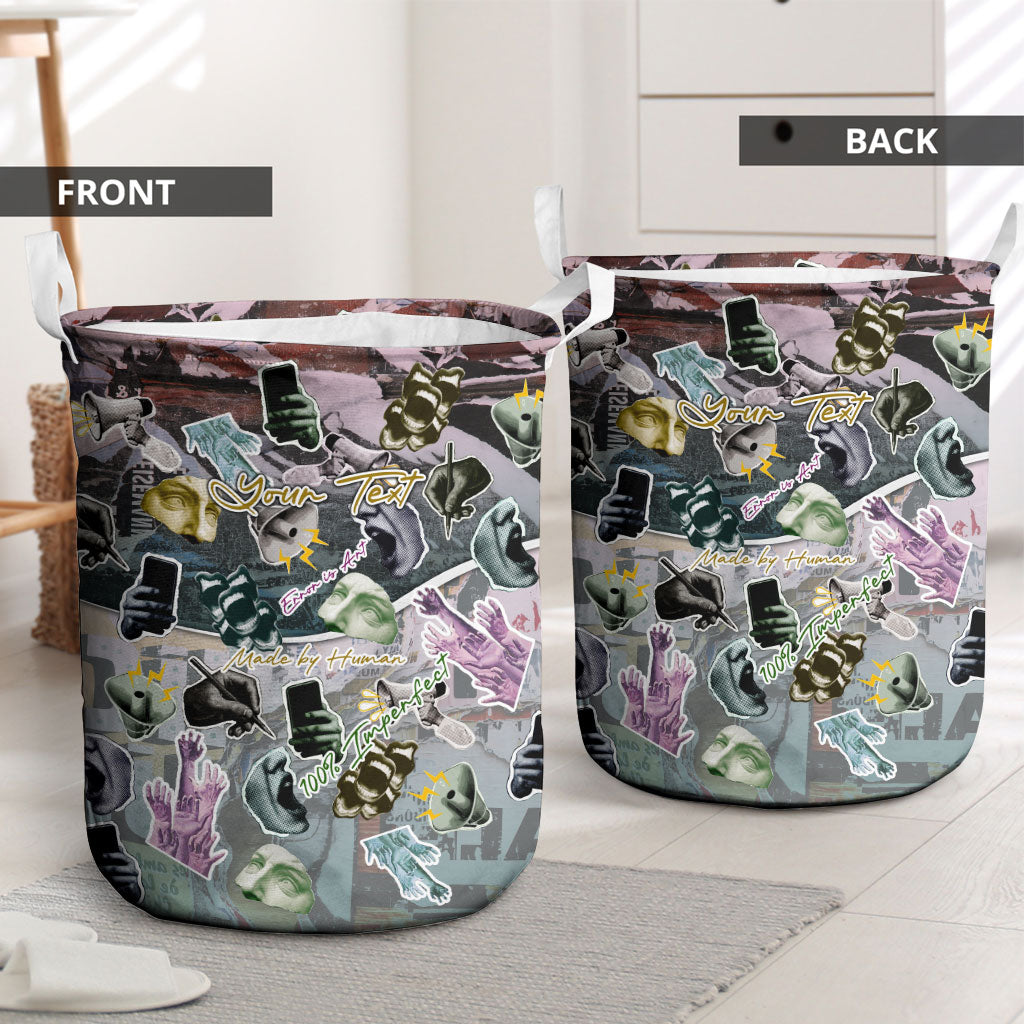 Personalized Made By Human Imperfect Statue Faces Laundry Basket Handmade Look Grunge Collage Pop Art
