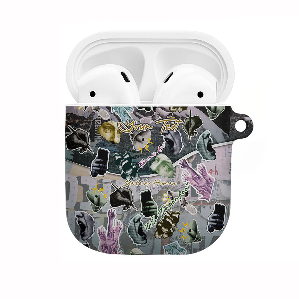 Personalized Made By Human Imperfect Statue Faces AirPods Case Handmade Look Grunge Collage Pop Art