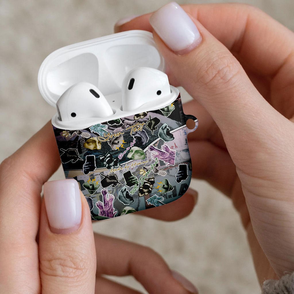 Personalized Made By Human Imperfect Statue Faces AirPods Case Handmade Look Grunge Collage Pop Art