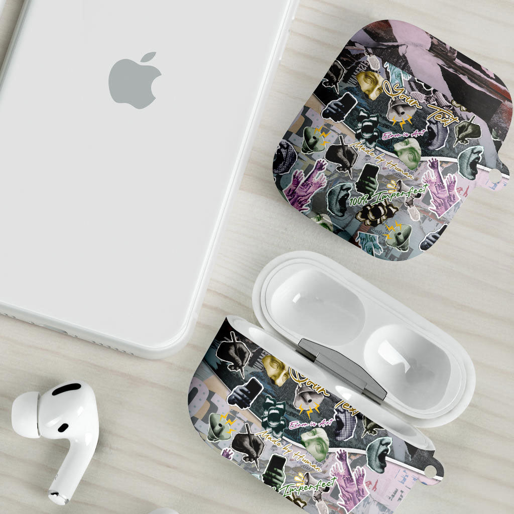 Personalized Made By Human Imperfect Statue Faces AirPods Case Handmade Look Grunge Collage Pop Art