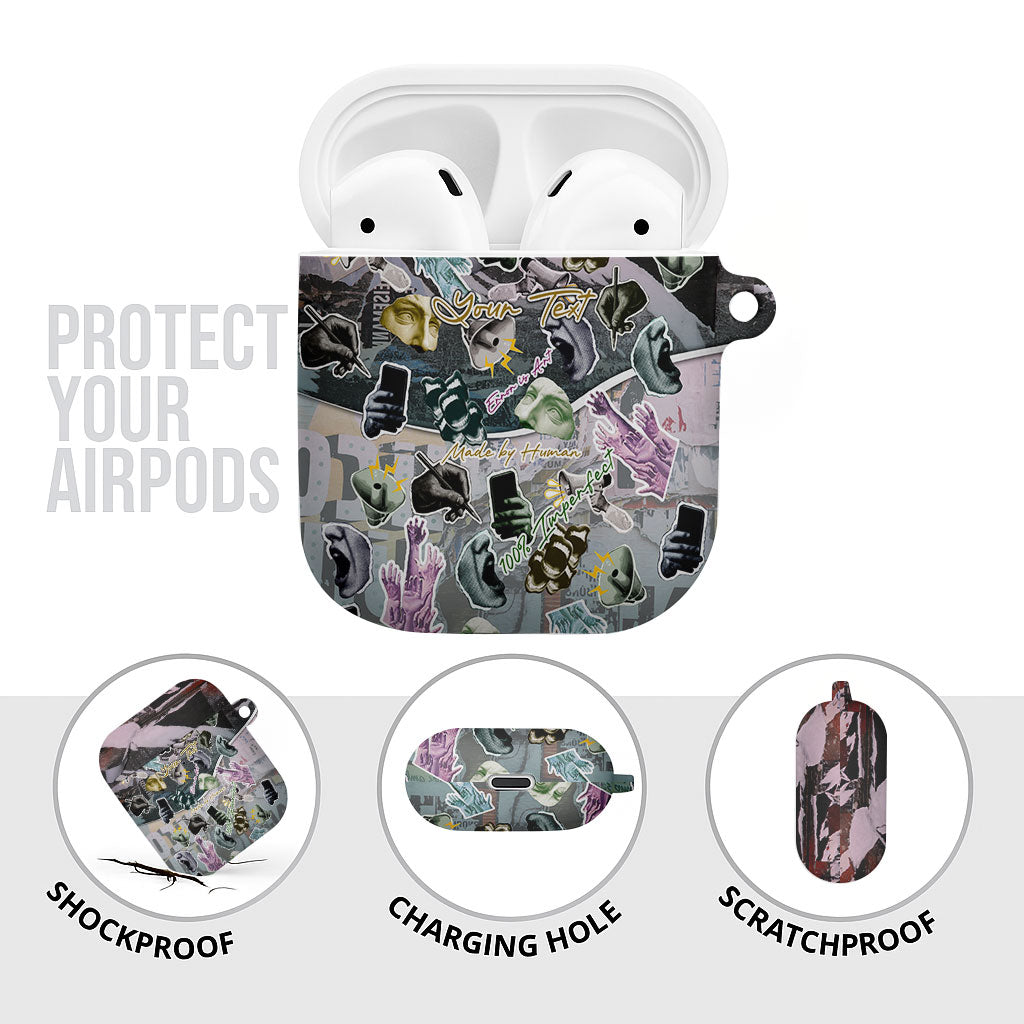 Personalized Made By Human Imperfect Statue Faces AirPods Case Handmade Look Grunge Collage Pop Art