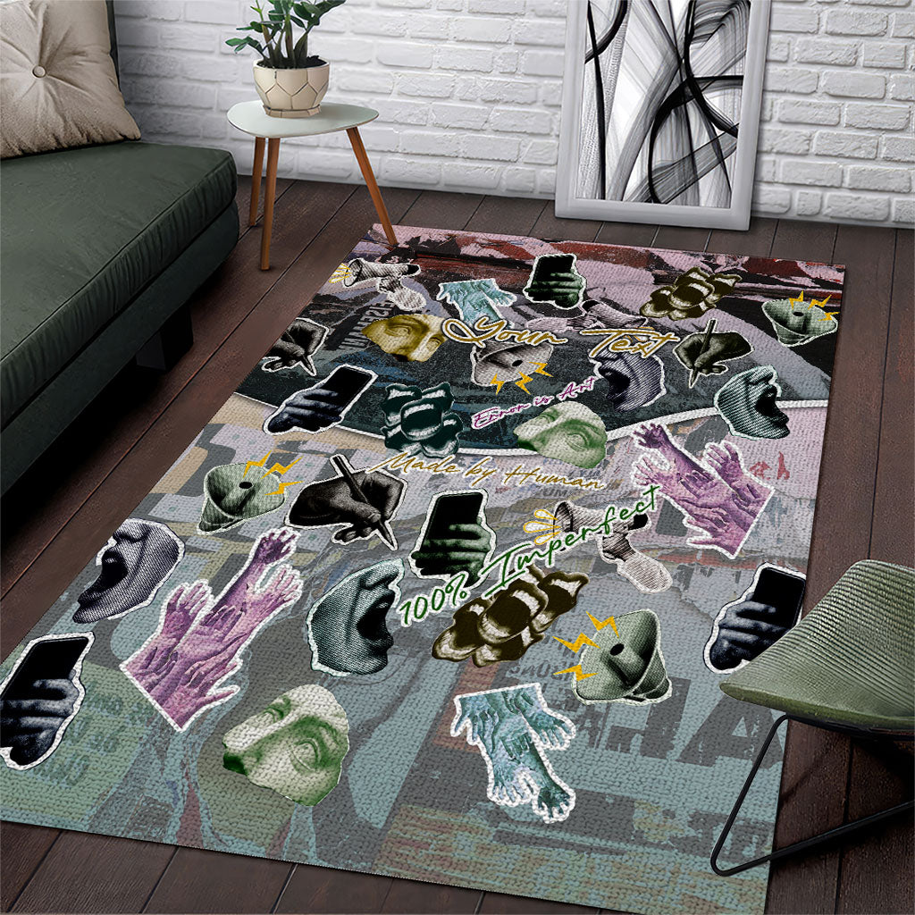 Personalized Made By Human Imperfect Statue Faces Area Rug Handmade Look Grunge Collage Pop Art