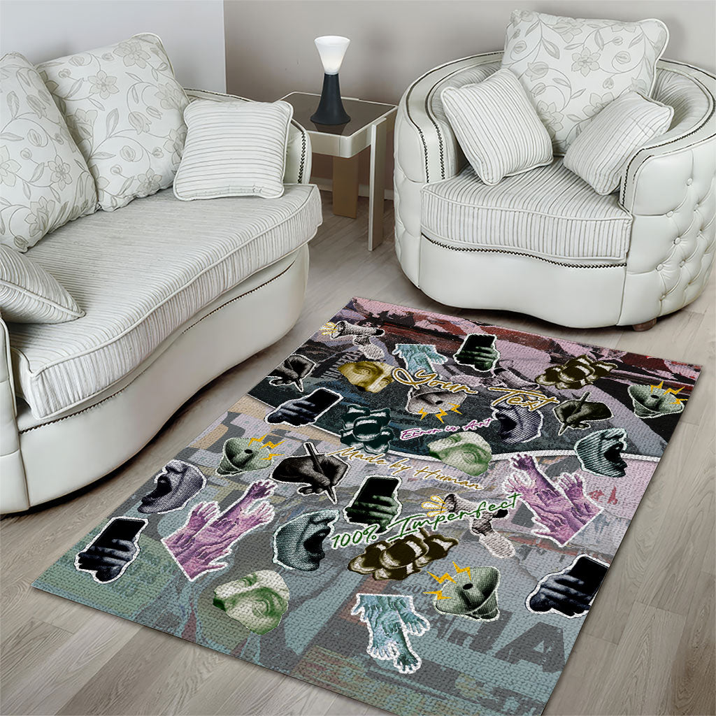 Personalized Made By Human Imperfect Statue Faces Area Rug Handmade Look Grunge Collage Pop Art