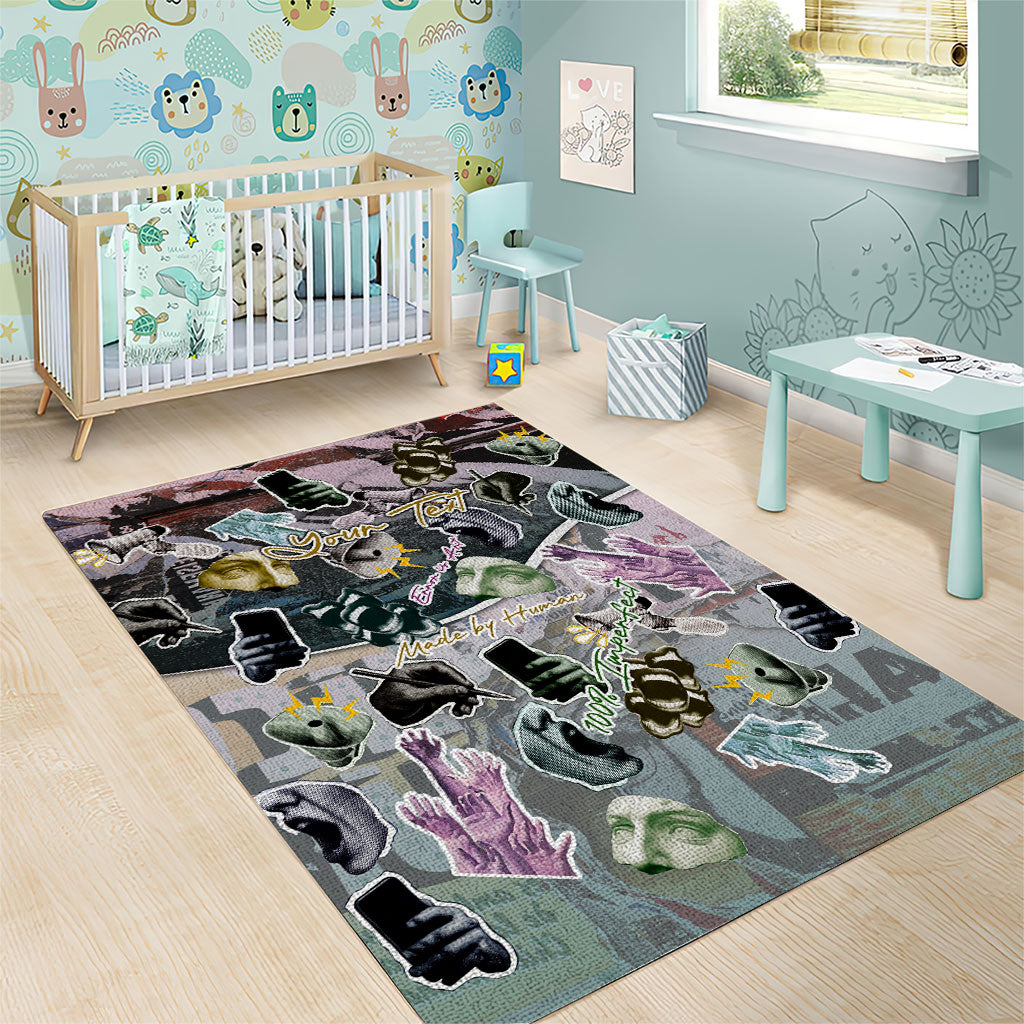 Personalized Made By Human Imperfect Statue Faces Area Rug Handmade Look Grunge Collage Pop Art