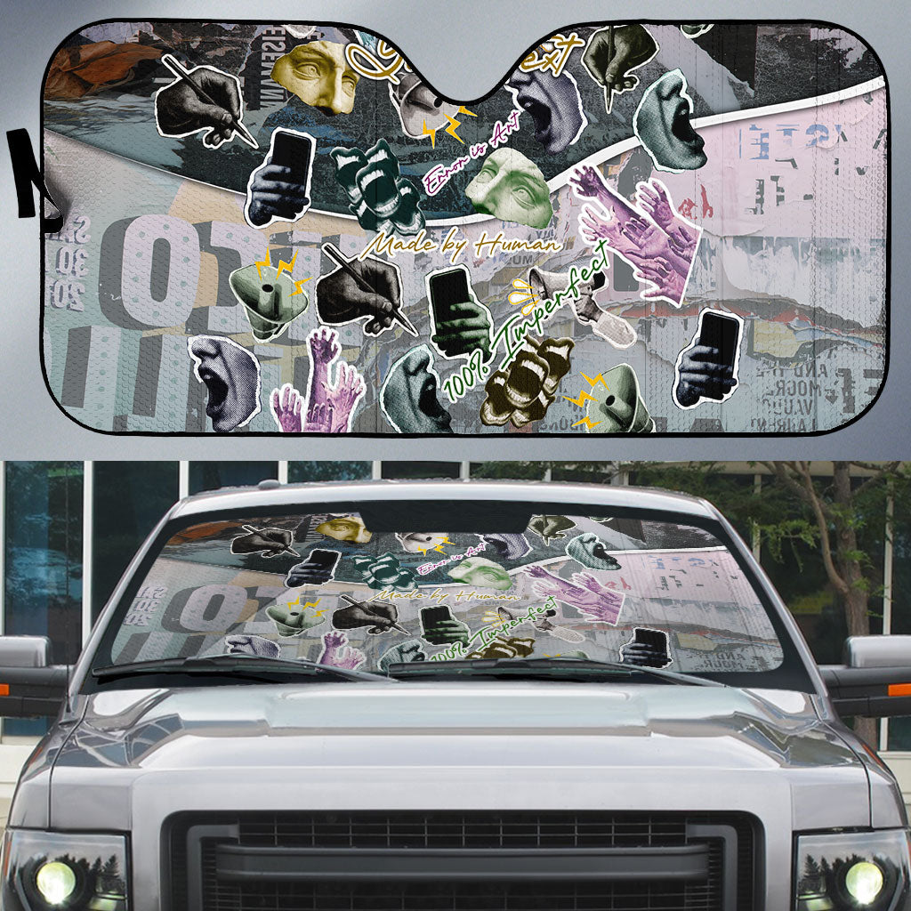 Personalized Made By Human Imperfect Statue Faces Auto Sun Shade Handmade Look Grunge Collage Pop Art