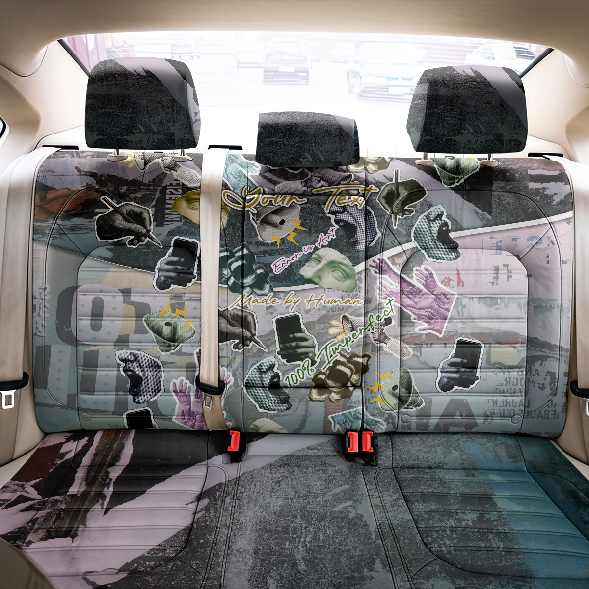 Personalized Made By Human Imperfect Statue Faces Back Car Seat Cover Handmade Look Grunge Collage Pop Art