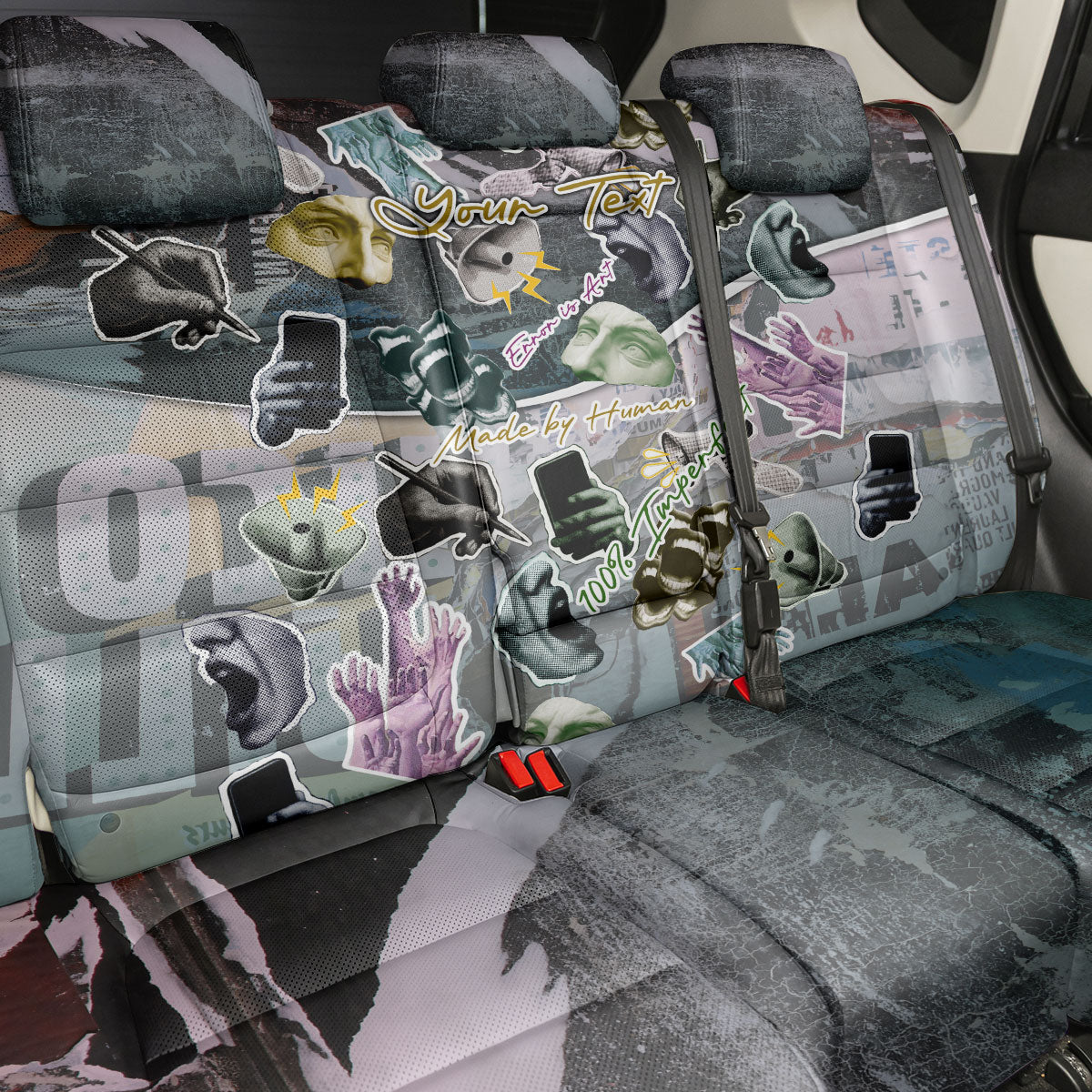 Personalized Made By Human Imperfect Statue Faces Back Car Seat Cover Handmade Look Grunge Collage Pop Art