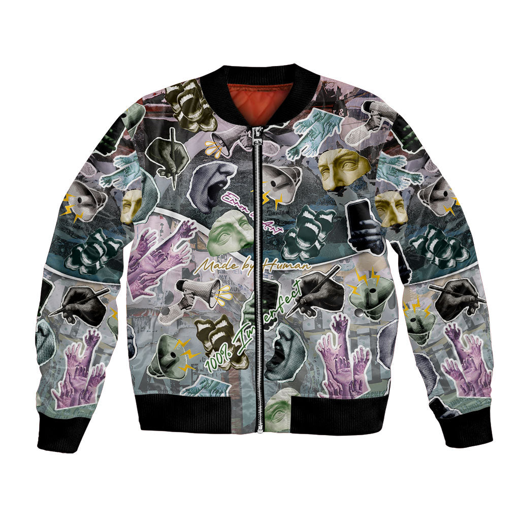 Personalized Made By Human Imperfect Statue Faces Bomber Jacket Handmade Look Grunge Collage Pop Art