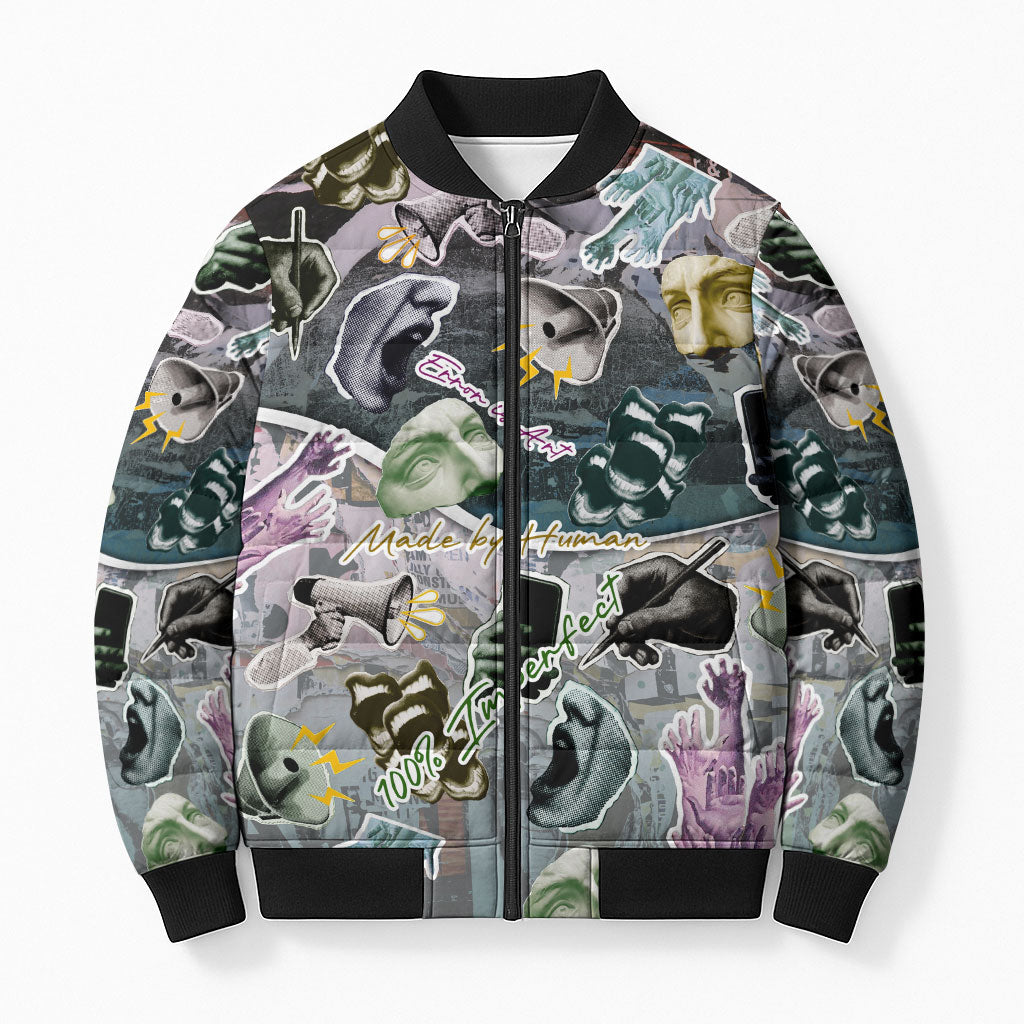 Personalized Made By Human Imperfect Statue Faces Bomber Puffer Jacket Handmade Look Grunge Collage Pop Art