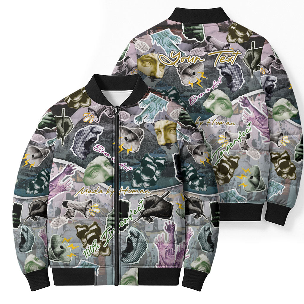 Personalized Made By Human Imperfect Statue Faces Bomber Puffer Jacket Handmade Look Grunge Collage Pop Art